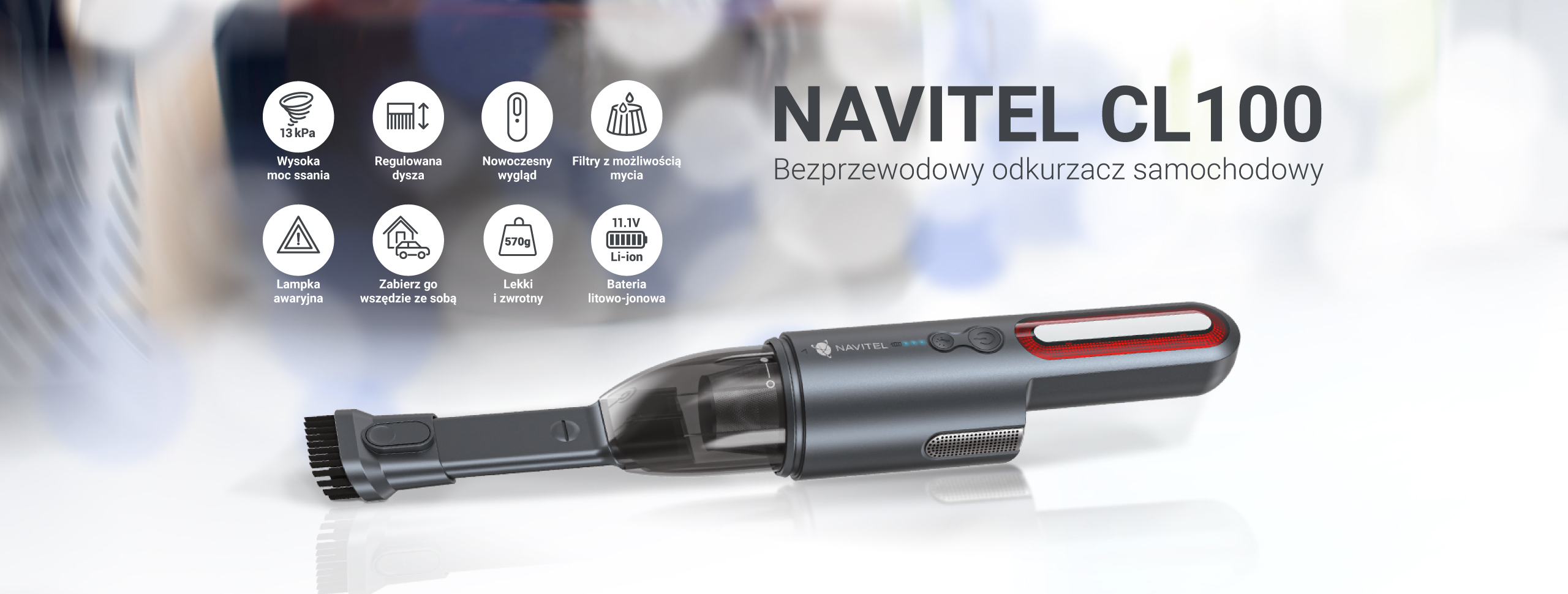 NAVITEL CL100 – bezprzewodowy odkurzacz samochodowy z zaawansowanym systemem filtracji HEPA, potężnym silnikiem i latarką